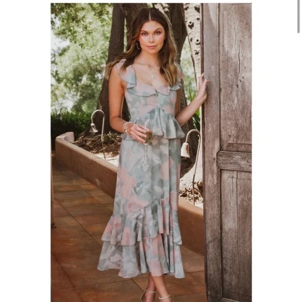 Show Me Your Mumu Formal Vacation Wedding Guest Sage Green Floral Ruffle Dress - Picture 1 of 6